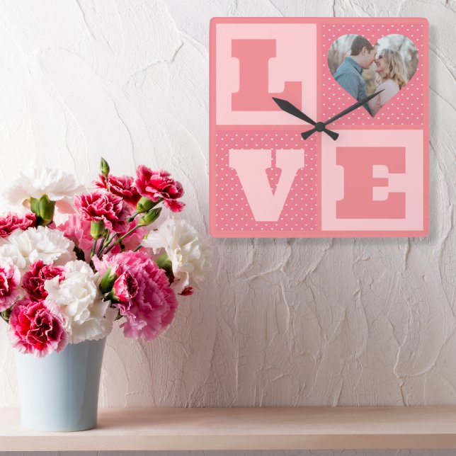 Liebe Foto Pink Hearts Muster Valentines Quadratische Wanduhr (Von Creator hochgeladen)