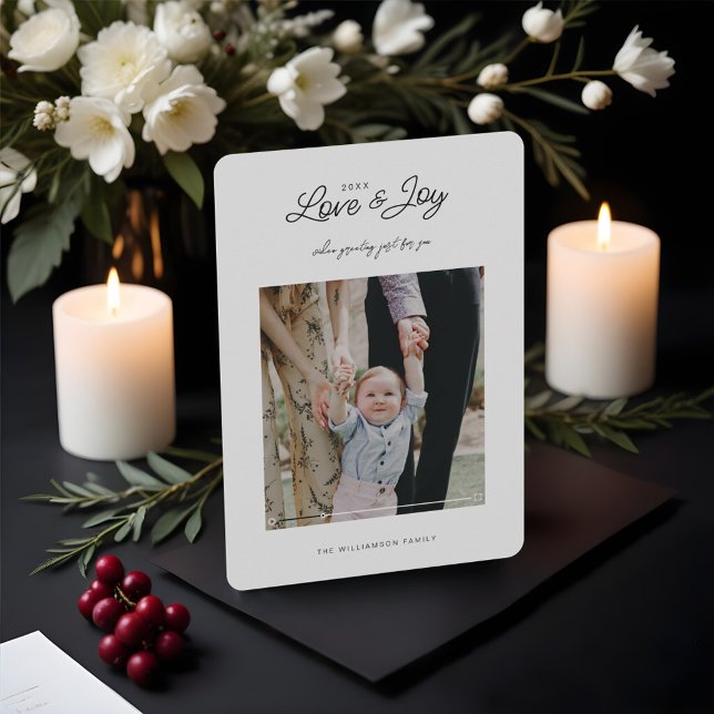 Liebe & Freude Moderne Minimal QR Code Video-Meldu Feiertagskarte (Love & Joy Modern Minimal QR Code Video Message Holiday Card)