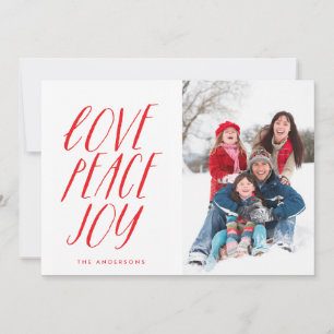 Liebe Frieden Freude Spaß Lettering Feiertags Foto Feiertagskarte