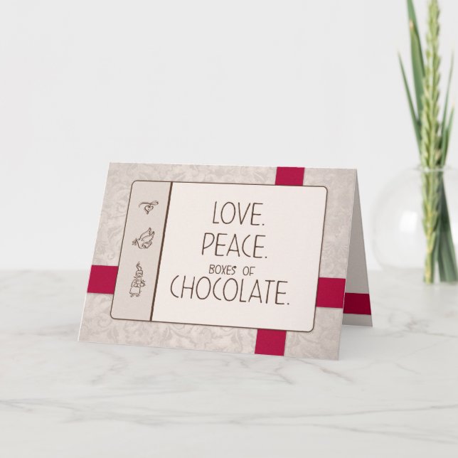 Liebe. Frieden. Schokolade. Weihnachtskarte Feiertagskarte (Vorderseite)
