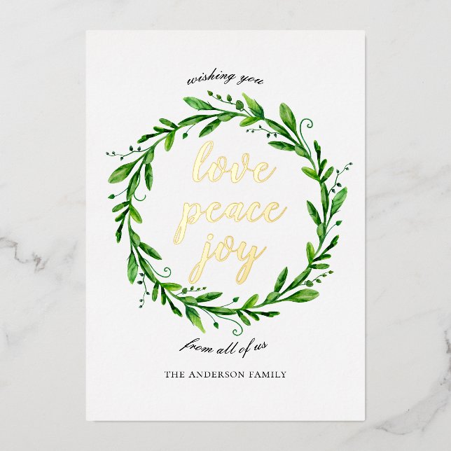 Liebe Friedensfreude. Weihnachtsgold Folien Feiertagskarte (Vorderseite)