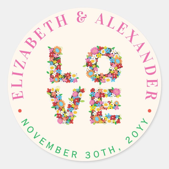 LIEBE Frühlingsblumen Garten Chic Hochzeitsticker Runder Aufkleber (Vorderseite)