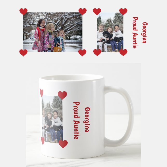 Liebe für Herz-Proud-Tanten Personalisieren von Fo Kaffeetasse (Personalized name + 2 photos Proud Auntie mug. Hearts. Modern, cute Mother's Day / birthday gift)