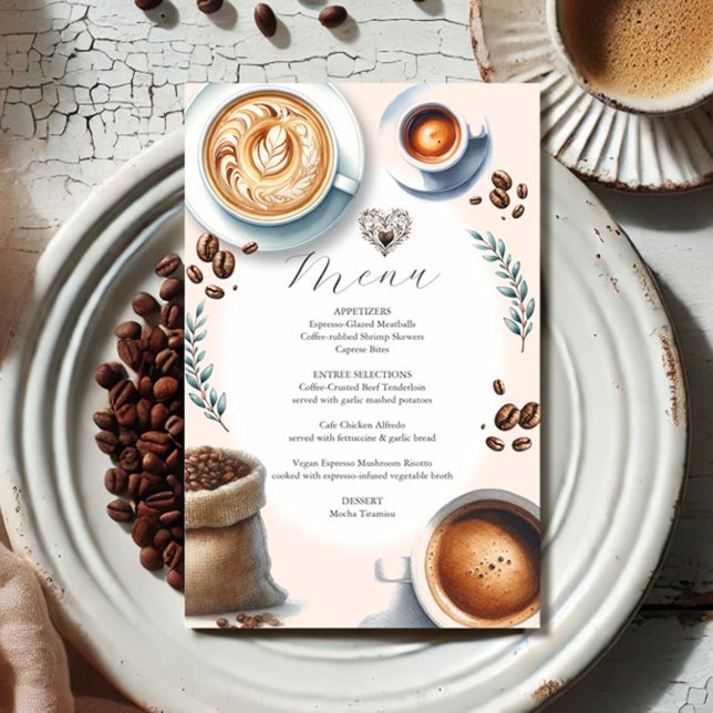 Liebe für Hochzeitsmenüs ist das Brechen des Budge Flyer (Love is brewing coffee menu features coffee beans latte espresso illustrations.)