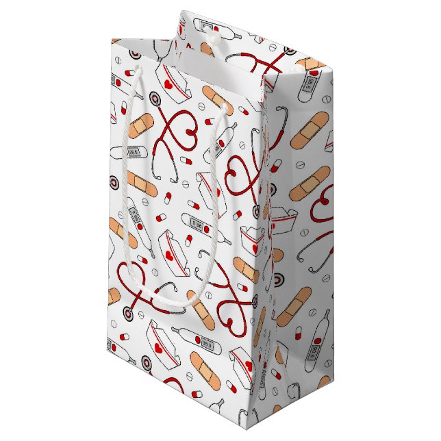 Liebe für Krankenpflege Weißer Hintergrund Kleine Geschenktüte (Vorderseite Schrägansicht)