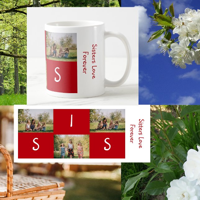 Liebe für niedliche Schwestern und Schwestern für  Kaffeetasse (Sisters Love Forever. Personalized mug w/ 2 photos and the letters SIS. Minimalist, elegant, modern)