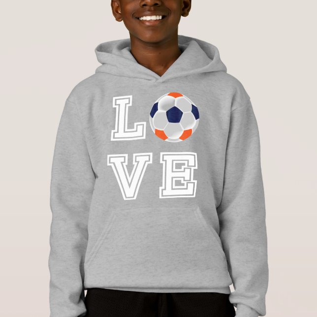 Liebe Fußball - Weißbriefe - Marine und Orange Hoodie (Vorderseite)