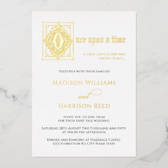 Liebe-Geschichte einmal auf Hochzeit Gold Folieneinladung (Vorderseite)