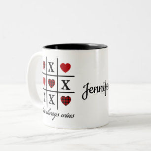 Liebe gewinnt immer Tic Tac Toe Red Buffalo Herz Zweifarbige Tasse