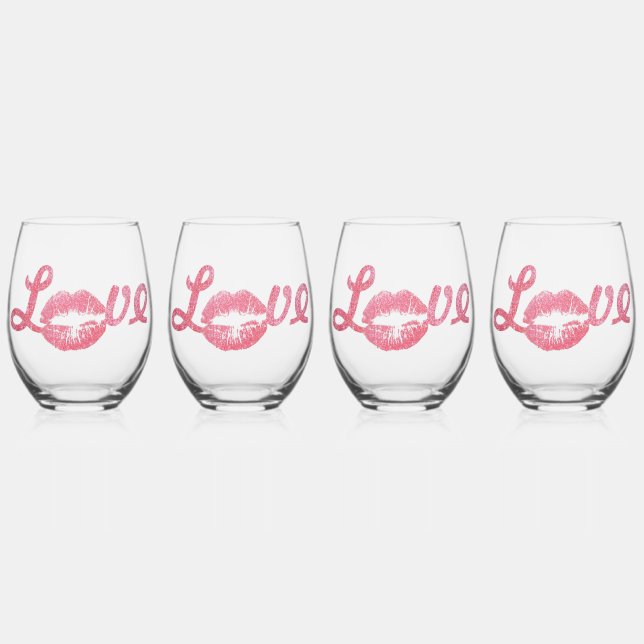 Liebe Glitzer Pink Lipstick Kiss Weinglas Ohne Stiel (Vorderseite)