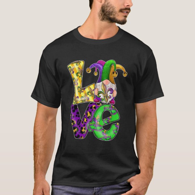 Liebe Gnome Niedlich Mardi Gras Leopard Karierte L T-Shirt (Vorderseite)