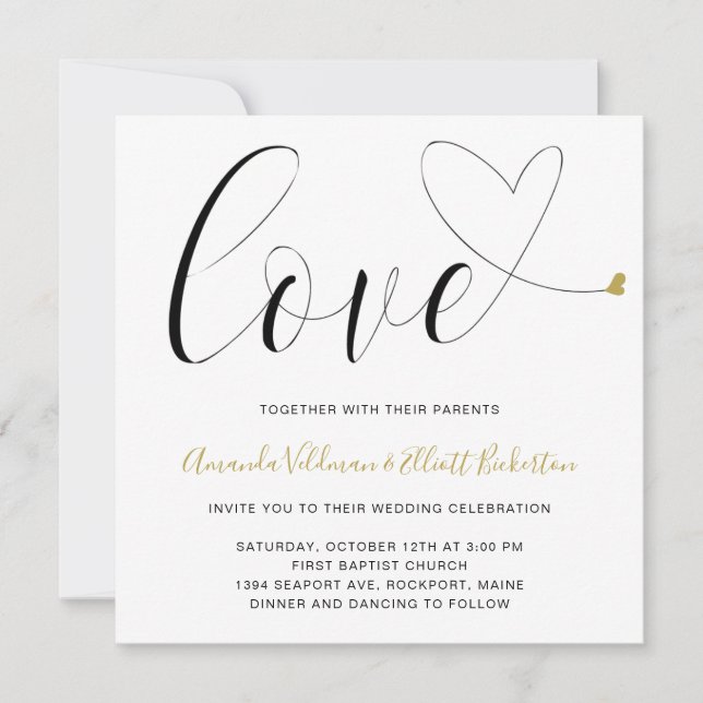 Liebe Gold Heart Black and White Modern Wedding Einladung (Vorderseite)