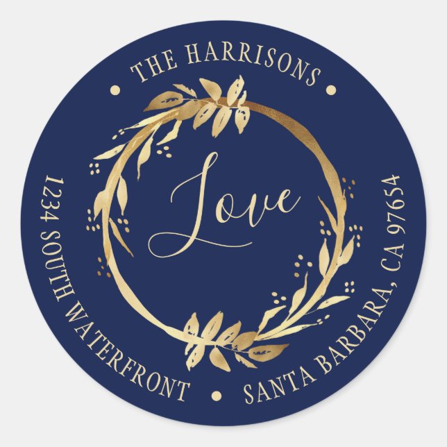 Liebe Gold Wreath Navy Blue Family Rücksendeadress Runder Aufkleber (Vorderseite)