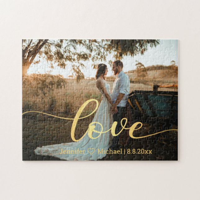Liebe, goldchic kalligraphie Land Hochzeit Foto Puzzle (Horizontal)