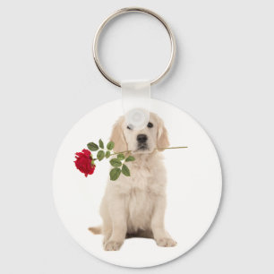 Liebe Golden Retriever Welpe Hund Roter Rose Schlü Schlüsselanhänger