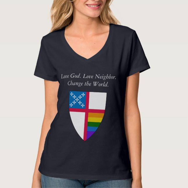 Liebe Gott. Nachbarschaft Liebe. Episcopal LGBTQ T-Shirt (Vorderseite)