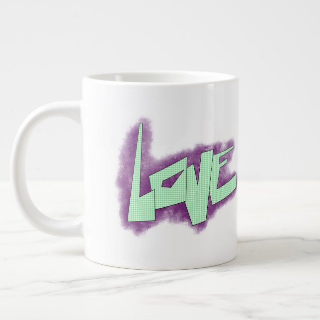 Liebe Graffiti lila grüne Minze Typografie Punkte Jumbo-Tasse (Links)