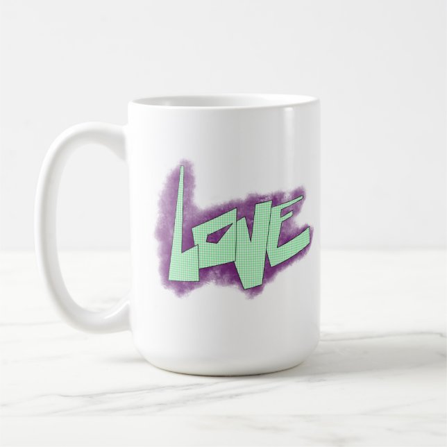 Liebe Graffiti lila grüne Minze Typografie Punkte Kaffeetasse (Links)