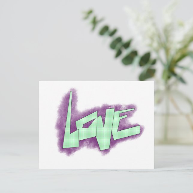 Liebe Graffiti lila grüne Minze Typografie Punkte Postkarte (Stehend Vorderseite)