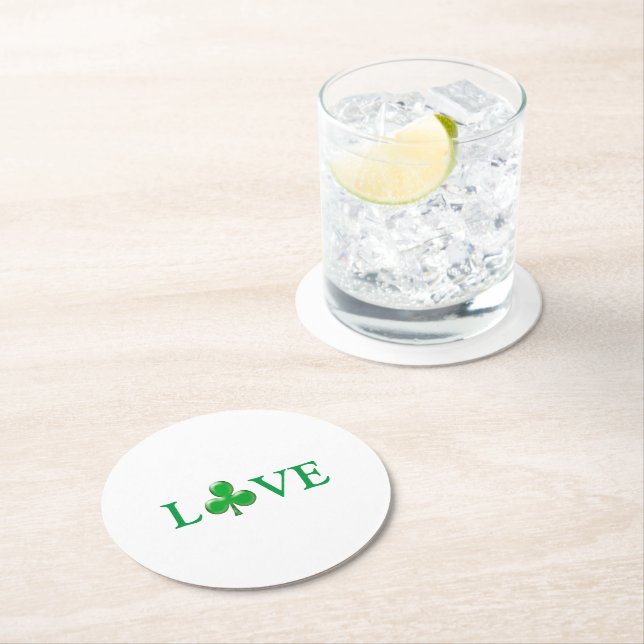 Liebe Green Clover Kleeblatt St. Patrick's Day Runder Pappuntersetzer (Vor Ort)