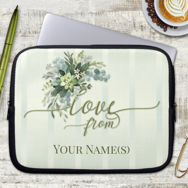Liebe Greenery Script Laptop Sleeve (Elegant floral striped watercolor personalized laptop sleeve with  script text)