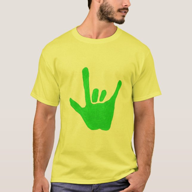 Liebe Hand, Zeichensprache in grün, auf T-Shirt (Vorderseite)