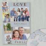 Liebe Happiness Family Blue Foto Strip Collage Puzzle<br><div class="desc">Benutzerdefiniertes Foto Puzzle mit 6 eigenen Fotos. Die Foto Collage umfasst 2 Landschaftsbilder, 4 Portrait-Fotos, Set-Out Foto Strip Stil. Das Design hat eine schöne Formulierung, vor allem als Geschenk für die Familie, die liest .. Liebe glückliche Familie .. in trendy Schreibmaschine Stil und sonderbare Typografie. Das Puzzle hat eine Hintergrundfarbenpalette...</div>