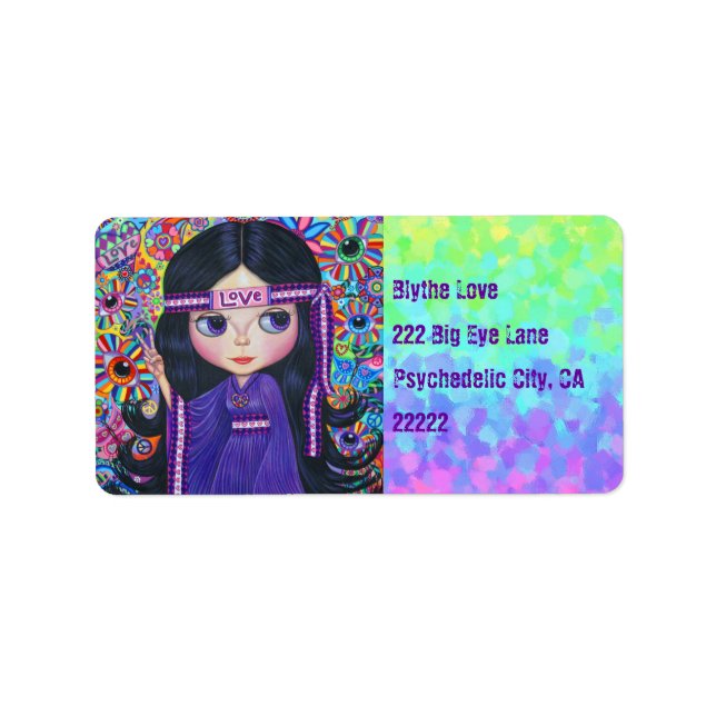 Liebe Headband Hippie Girl Doll Lila Psychedelic Adressaufkleber (Vorne)