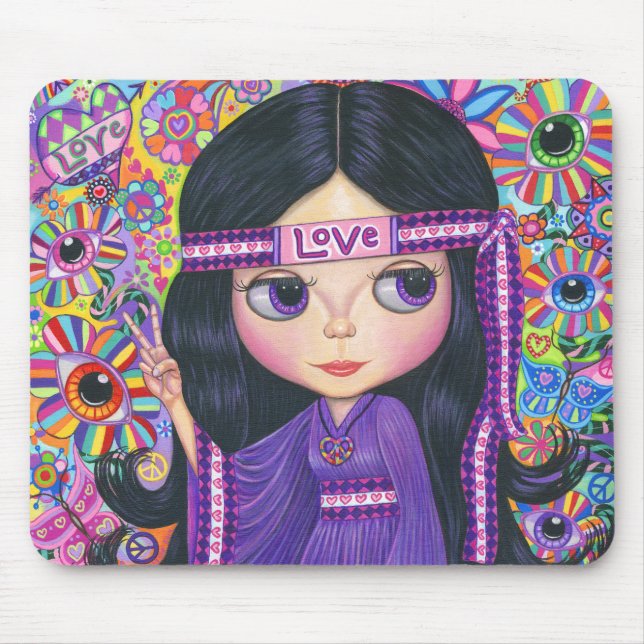 Liebe Headband Hippie Girl Doll Lila Psychedelic Mousepad (Vorne)