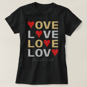 Liebe Heart Red Gold Silver Glitzer Kundenname T-Shirt
