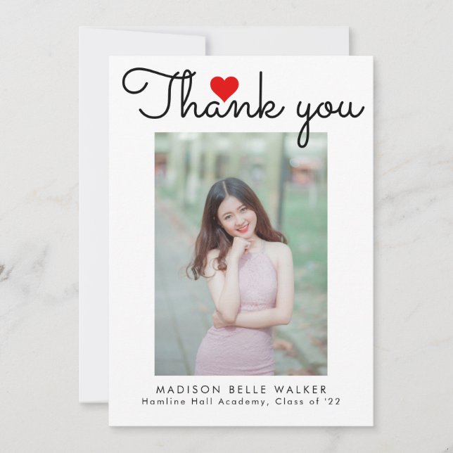 Liebe Heart Script Class of 2023 Abschluss Foto Dankeskarte (Vorderseite)