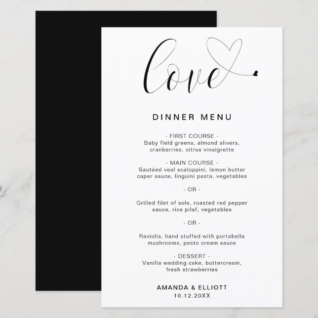 Liebe Heart Simple Modern Wedding Menu (Vorne/Hinten)