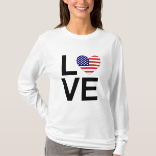 LIEBE Heart USA Flag Red White and Blue T - Shirt
