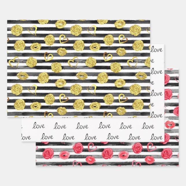 Liebe, Herz, Lippen, Rose und Streifen Geschenkpapier Set (Set)