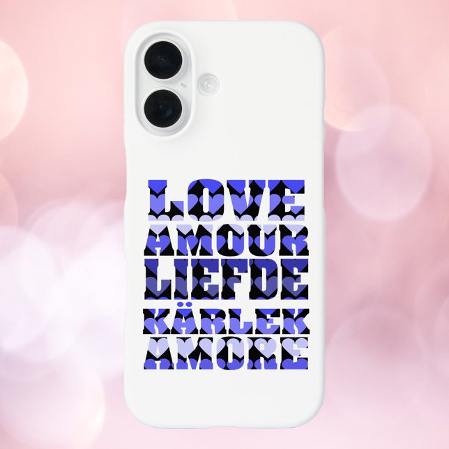 Liebe Herz-Muster Blau Case-Mate iPhone Hülle (A phone case that says love in English and foreign language with blue hearts)