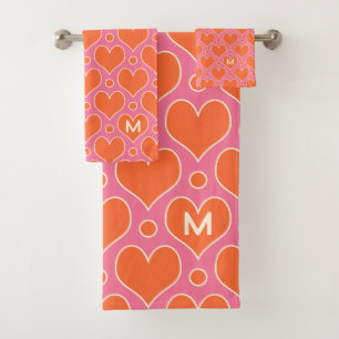 Liebe Herz und Polka Dots Muster in Rosa, Orange Badhandtuch Set