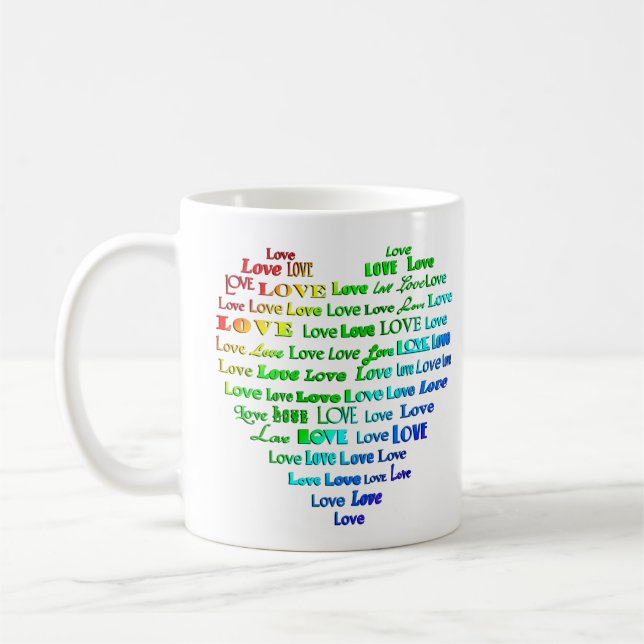 Liebe Herz Word Cloud in Regenbogenfarben Kaffeetasse (Links)