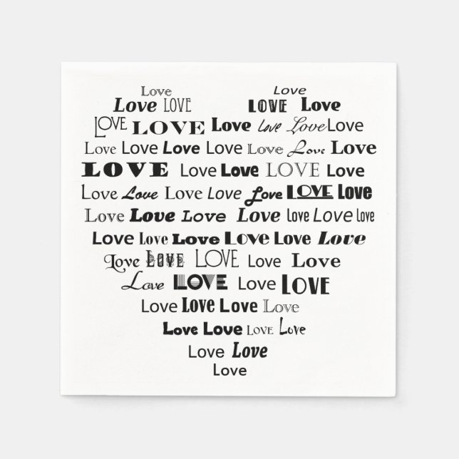 Liebe Herz-Word-Cloud - Schwarz/Weiß Serviette (Vorderseite)