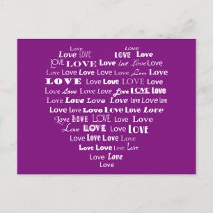 Liebe Herz Word Cloud - Weiß auf Amethyst Lila Postkarte
