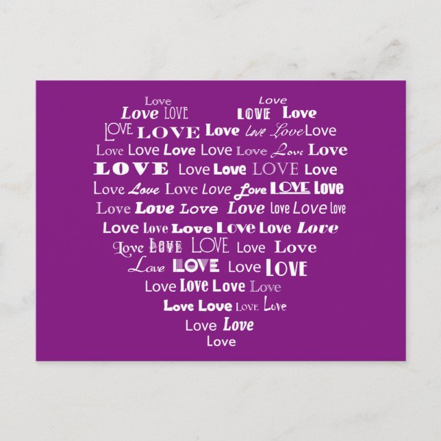 Liebe Herz Word Cloud - Weiß auf Amethyst Lila Postkarte (Vorderseite)
