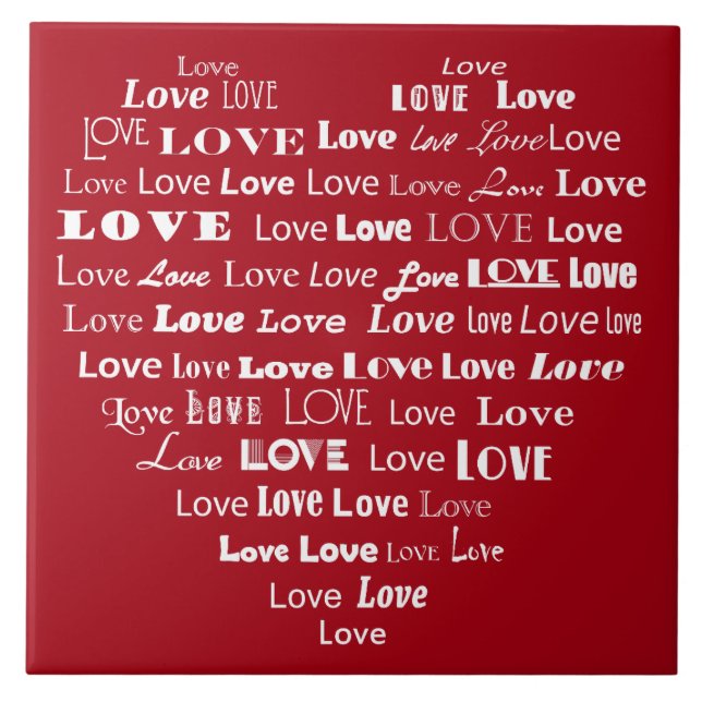 Liebe Herz Word Cloud - White on Dark Red Fliese (Vorderseite)