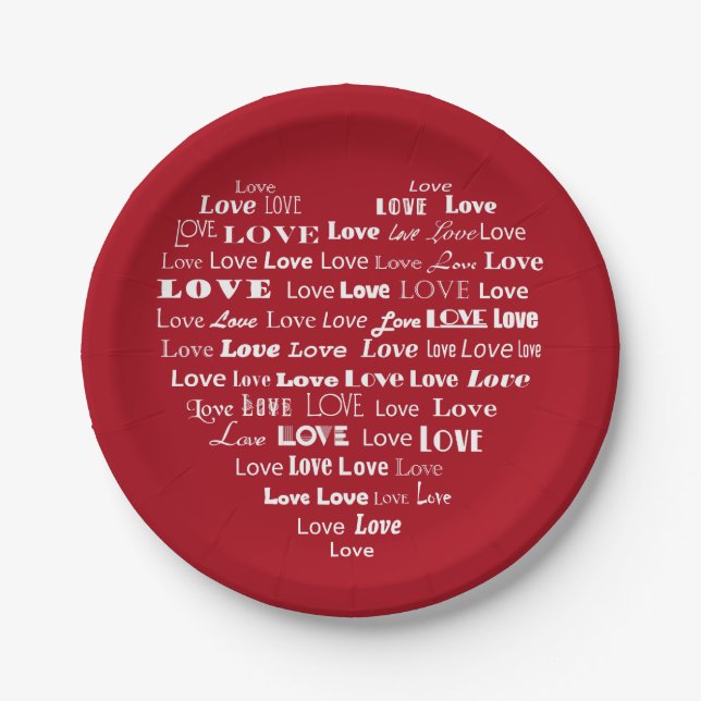 Liebe Herz Word Cloud - White on Dark Red Pappteller (Vorderseite)