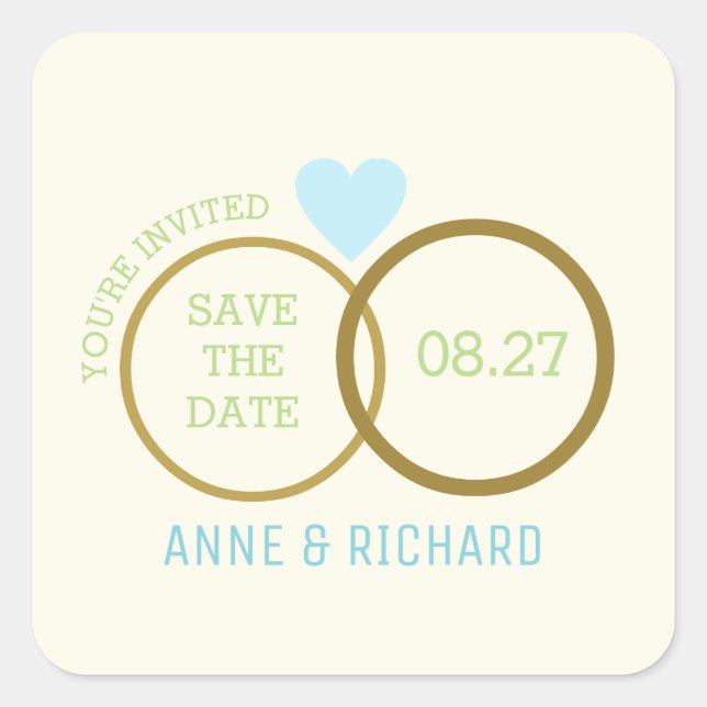 Liebe Herz & zwei Hochzeitsringe / Save the Date Quadratischer Aufkleber (Vorderseite)