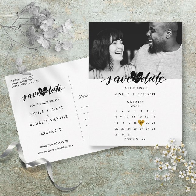 Liebe Herzkalender Save the Date Foto Postkarte (Love Heart Calendar Save the Date Photo Postcard)