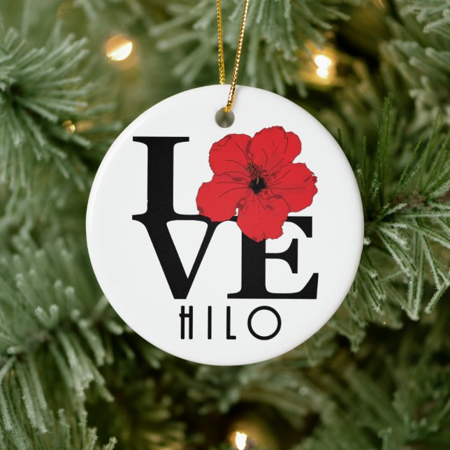 LIEBE Hilo Hawaii Roter Hibiskus Keramik Ornament (Baum)