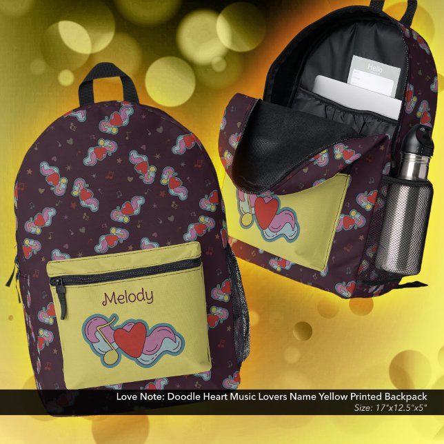 Liebe Hinweis: Doodle Heart Music Lovers Name Yell Bedruckter Rucksack (Love Note Doodle Design Backpack: Personalized with Owner's Name - Yellow Accent Color)