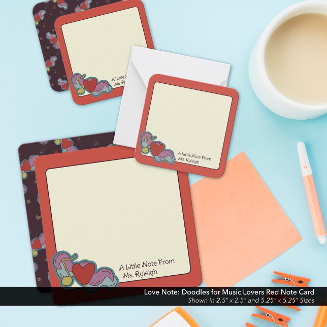 Liebe Hinweis: Doodles für Musikliebhaber Rot Mitteilungskarte (Love Note: Doodles for Music Lovers Red Note Cards - Shown in the 2.5"x2.5" and 5.25"x5.25" Sizes)