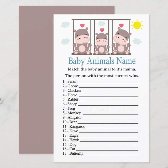 Liebe hippo Baby Animals Name Spiel (Vorne/Hinten)