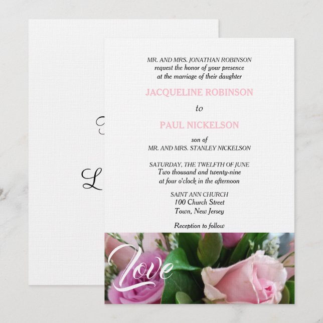 Liebe Hochzeit von hellrosa Rose Einladung (Vorne/Hinten)