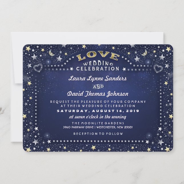 Liebe Hochzeit von Navy Blue White & Gold Moon & S Einladung (Vorderseite)